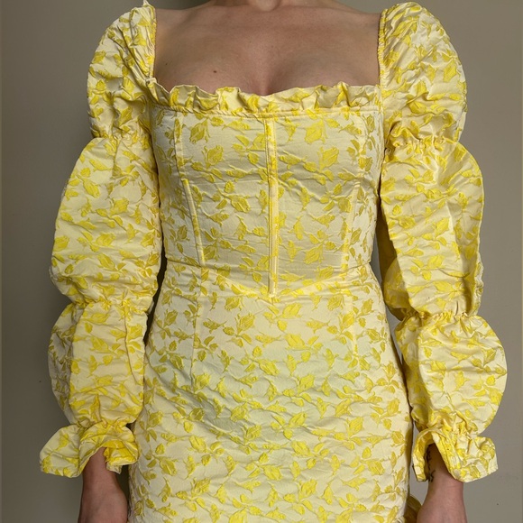 NWT Pretty Little Thing Jacquard Corset Detail Puff Sleeve Bodycon Dress Size 6 - Picture 8 of 14